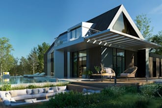 render3d farmhouse,duplex cabin exterior,outdoor lounge,patio,open plan interior
