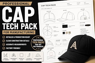create professional cap and hat tech packs for manufacturing and production