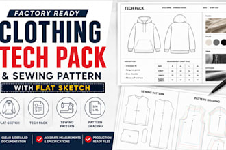 create factory ready clothing tech pack and sewing pattern with flat sketch