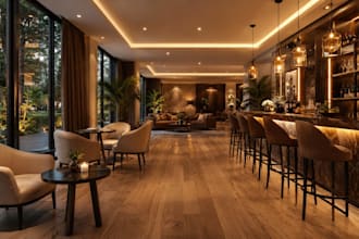 do realistic lounge bar interior, coffee shop lounge bar animated video