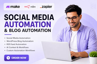 do make com social media automation wordpress blog rss feed social media posting
