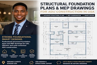 design structural plans, foundation layouts for adu construction drawings in USA