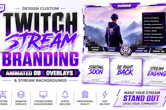 design custom twitch stream branding, animated obs overlays, stream background