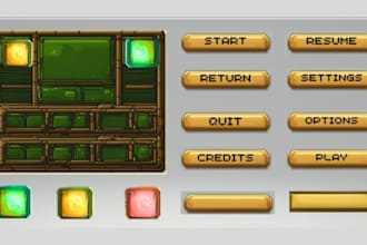design pixel art game ui, hud, game icons, buttons, menus, and interface assets