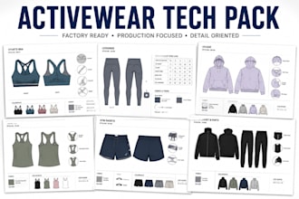design activewear tech pack with technical drawing and flat sketch