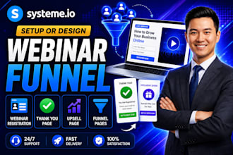 do systeme io webinar registration funnel, thank you page, upsell funnel page