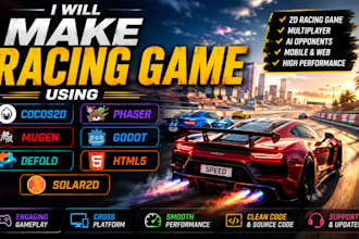 make racing game using cocos2d, mugen, defold, phaser, godot, html5, solar2d