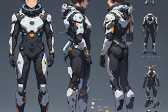 draw a detailed character turnaround with multiple views