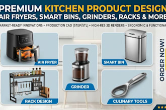 design kitchen product, air fryer, smart dust bin, grinder, and rack design