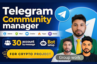 be telegram community manager with 30 account by chat in your crypto project