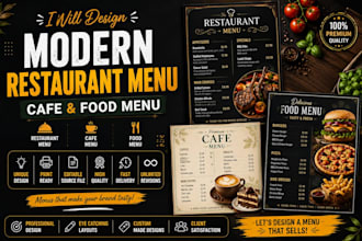 design a modern restaurant menu, cafe and food menu