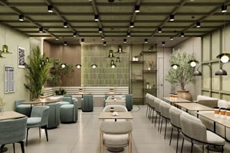 revit model restaurant interior,seating equipment layout, commercial kitchen cgi