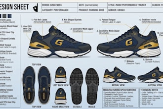 create shoe tech pack, footwear design and custom shoe design for production