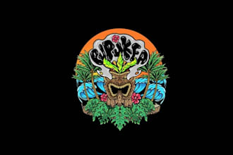 design cool logo for a front beach tiki surf poke bar