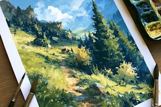 paint a watercolor and gouache landscape illustration