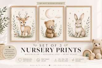 design a watercolor set of 3 nursery prints for baby room wall art