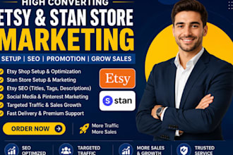 do stan store marketing, setup, and etsy shop promotion