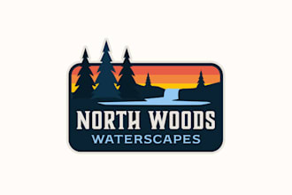 design magical and rustic logo with waterfalls and ponds