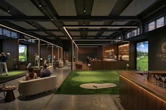 design 3d realistic golf VR course, golf simulator environment, gaming center
