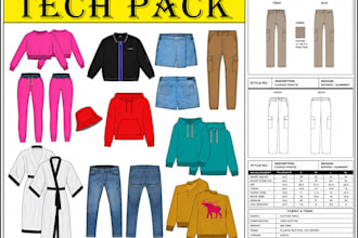 create professional clothing tech pack, sewing pattern and flat sketch