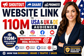 shoutout share promote website link to 110m USA UK de twitter ig fb yt audience