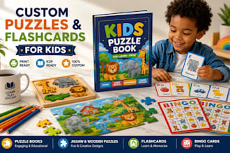create custom puzzle book, jigsaw, wooden, flashcards, bingo cards for kids