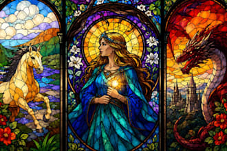 custom stained glass art design fantasy character line art vector illustration