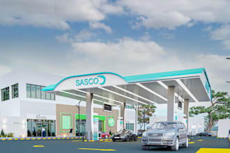self service 3d gas station,forecourt,convenience store,ev charging,cgi car wash