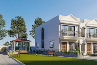 residential estate exterior render, rowhouse 3d visual,streetscape layout design