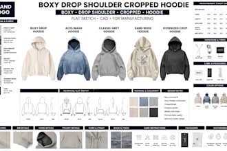 design boxy drop shoulder cropped hoodie tech pack flat for manufacturing