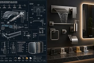 design bathroom hardware product, waterfall faucets, soap dispensers, mirror
