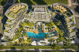 visualize 3d multifunctional space,parking area layout,luxury resort site render
