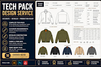 do clothing tech packs with flat sketch and specs