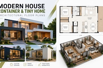 design modern house, container home and tiny home architectural floor plans