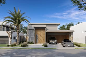 design luxury villa house, minimalist exterior render,wooden pivot door,driveway