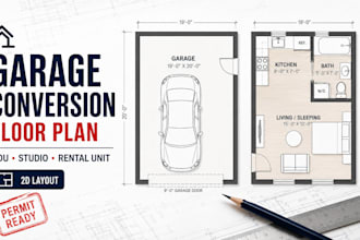 design garage conversion floor plan, adu studio layout for rental unit blueprint