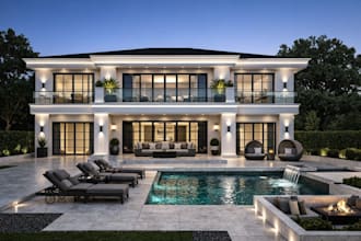 modernize3d elegant mansion,outdoor space,open plan,indoor living area,landscape