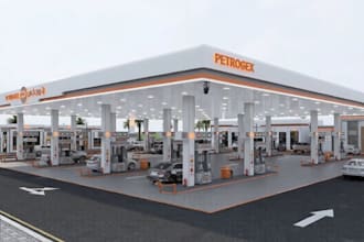 restyle 3d gas station design, petrol station external cgi render, site 3d model