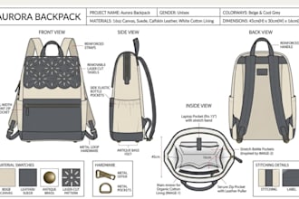 bag tech pack, bag design, backpack tech pack and technical drawing for factory