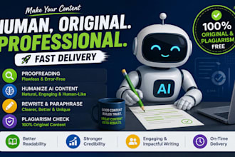 proofread humanize ai content rewrite plagiarism check paraphrase fast delivery
