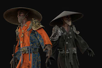 optimize real time engine,old smurai 3d character,clean topology,game prop desig