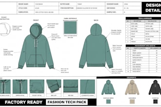 oversized pullover zip up hoodie tech pack flat sketch cad for manufacturing