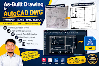 convert your PDF,image,sketch,existing plan into  autocad 2d as built drawing