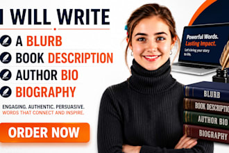 write a book blurb, book description, author bio, and biography