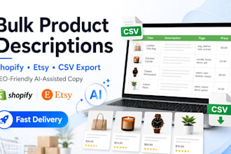 write bulk ai shopify etsy product descriptions with CSV export