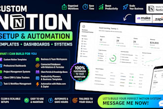 custom notion template, notion dashboard and notion automation expert notion