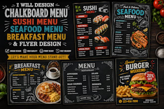 design chalkboard menu, sushi menu design ,seafood, breakfast menu design flyer