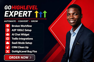 setup go high level CRM, saas mode ai chat,a2p 10dlc twilio and fix workflows