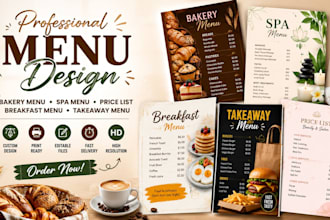 design bakery menu, spa menu, price list menu, breakfast menu, takeaway menu