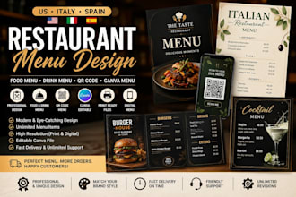 design restaurant menu for US italy spain, food menu, qr code, canva